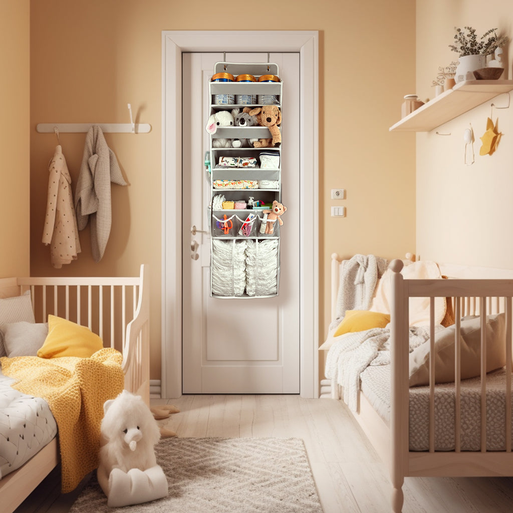 Door Hanging Storage Organizer,with 3 Bins 1 Movable Baby Diaper Caddy,1 Large capacity diaper stacking storage Organizer,10 Side Pockets ,Bedroom Door Storage for Nursery Baby Essentials.Grey 1 Pack.(GREY)