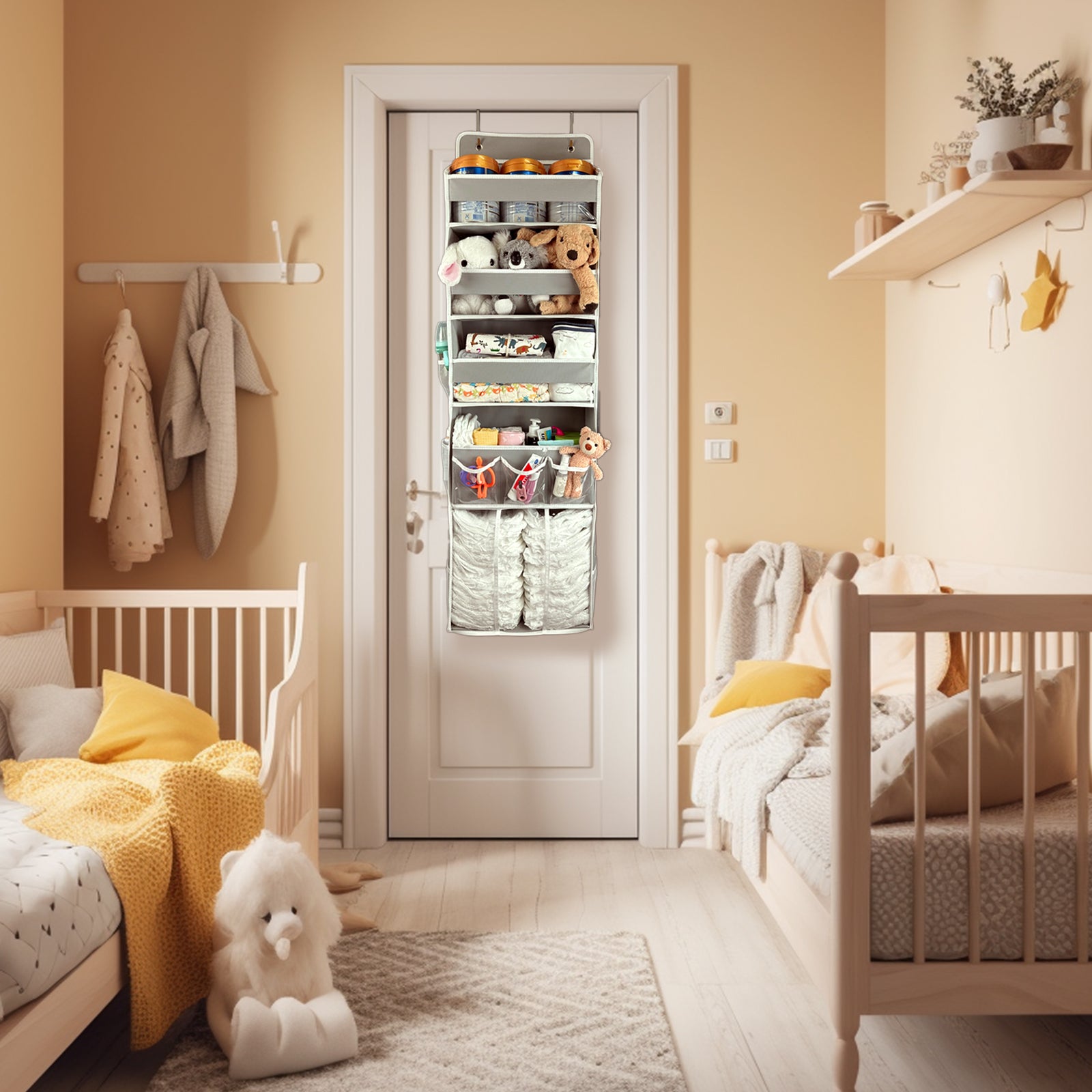 Door Hanging Storage Organizer,with 3 Bins 1 Movable Baby Diaper Caddy,1 Large capacity diaper stacking storage Organizer,10 Side Pockets ,Bedroom Door Storage for Nursery Baby Essentials.Grey 1 Pack.(GREY)