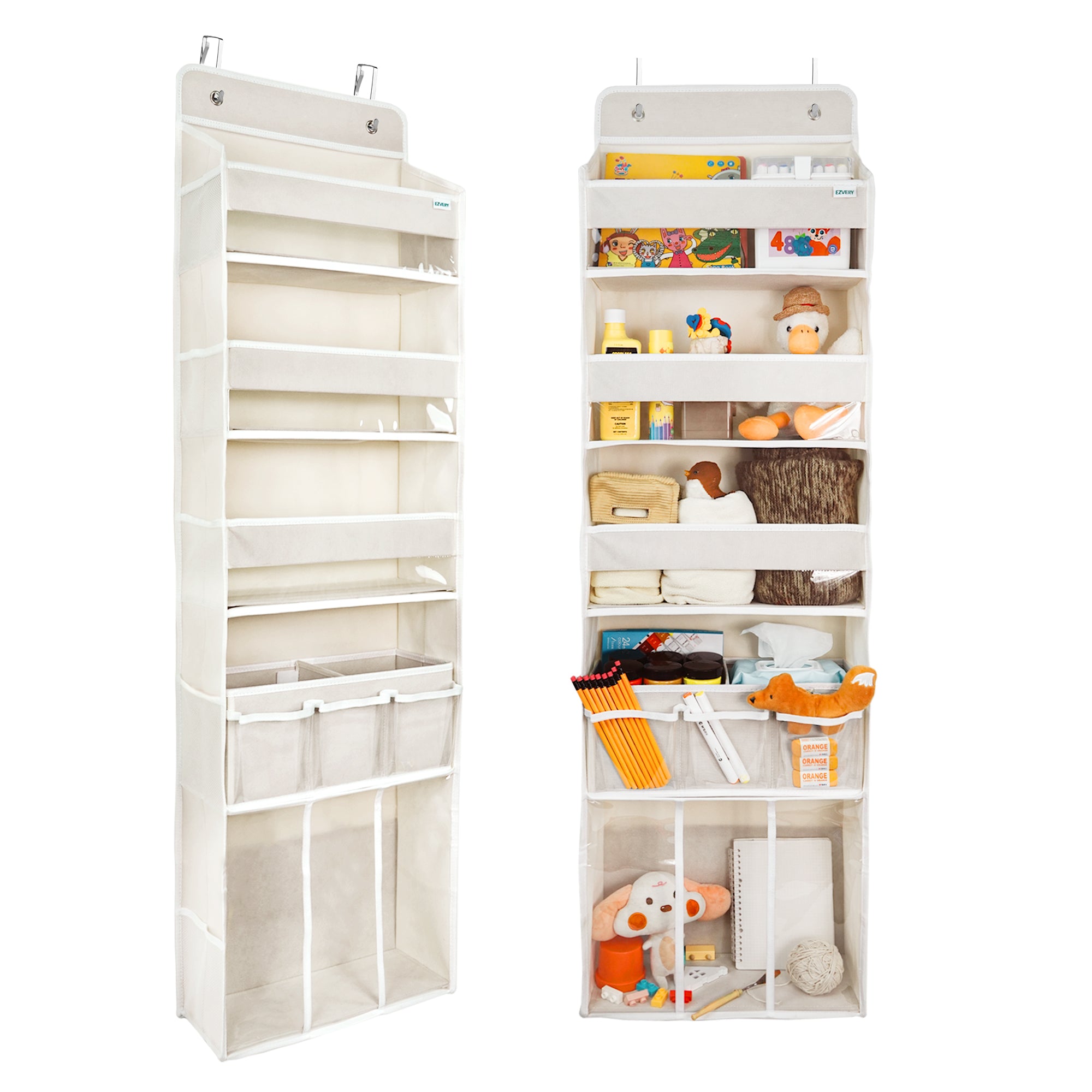 Door Hanging Storage Organizer,with 3 Bins 1 Movable Baby Diaper Caddy,1 Large capacity diaper stacking storage Organizer,10 Side Pockets ,Bedroom Door Storage for Nursery Baby Essentials. (Beige)