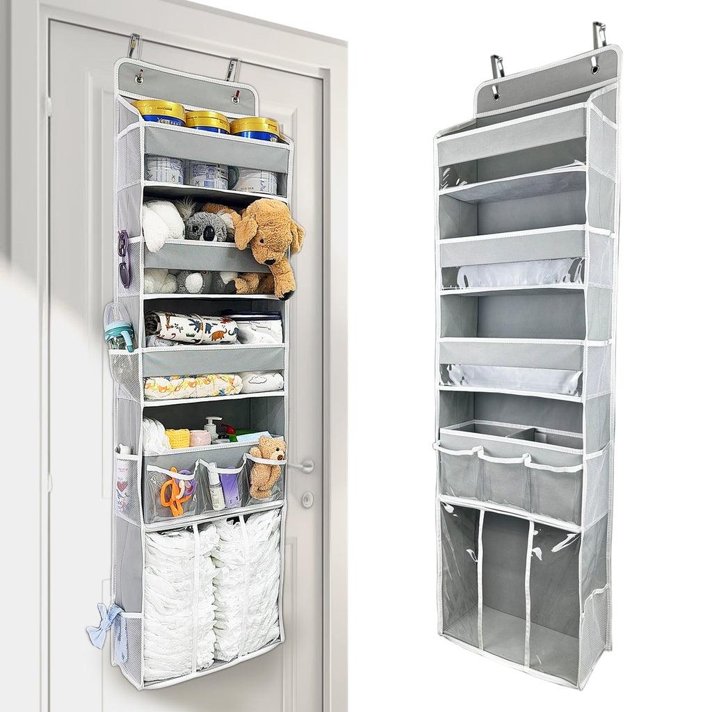 Door Hanging Storage Organizer,with 3 Bins 1 Movable Baby Diaper Caddy,1 Large capacity diaper stacking storage Organizer,10 Side Pockets ,Bedroom Door Storage for Nursery Baby Essentials.Grey 1 Pack.(GREY)