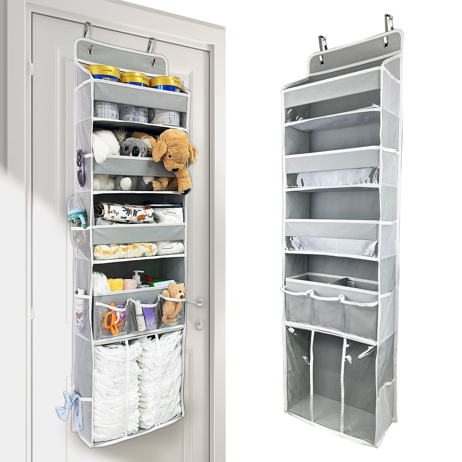 Door Hanging Storage Organizer,with 3 Bins 1 Movable Baby Diaper Caddy,1 Large capacity diaper stacking storage Organizer,10 Side Pockets ,Bedroom Door Storage for Nursery Baby Essentials.Grey 1 Pack.(GREY)