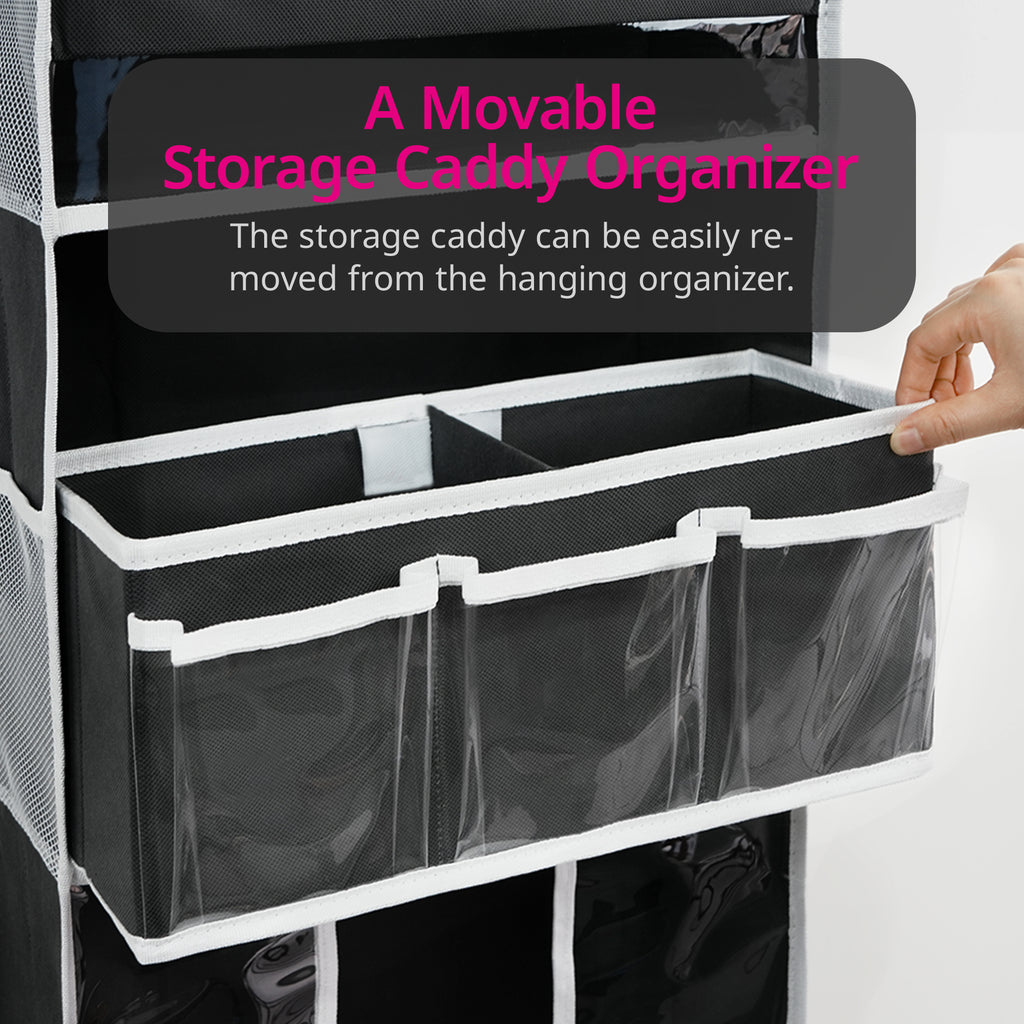 Door Hanging Storage Organizer,with 3 Bins 1 Movable Baby Diaper Caddy,1 Large capacity diaper stacking storage Organizer,10 Side Pockets ,Bedroom Door Storage for Nursery Baby Essentials. (Dark grey)