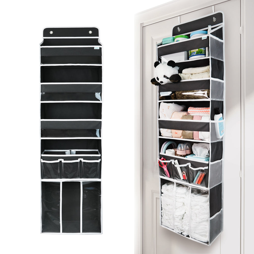 Door Hanging Storage Organizer,with 3 Bins 1 Movable Baby Diaper Caddy,1 Large capacity diaper stacking storage Organizer,10 Side Pockets ,Bedroom Door Storage for Nursery Baby Essentials. (Dark grey)