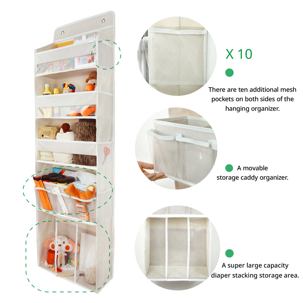 Door Hanging Storage Organizer,with 3 Bins 1 Movable Baby Diaper Caddy,1 Large capacity diaper stacking storage Organizer,10 Side Pockets ,Bedroom Door Storage for Nursery Baby Essentials. (Beige)