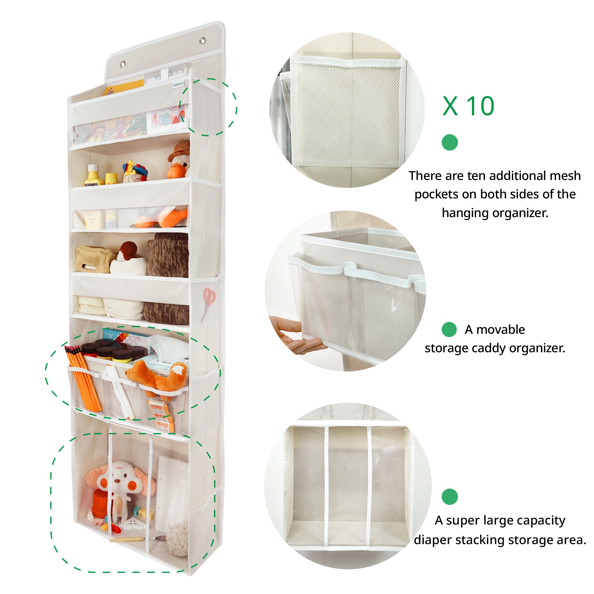 Door Hanging Storage Organizer,with 3 Bins 1 Movable Baby Diaper Caddy,1 Large capacity diaper stacking storage Organizer,10 Side Pockets ,Bedroom Door Storage for Nursery Baby Essentials. (Beige)