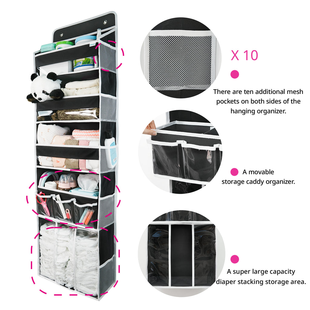 Door Hanging Storage Organizer,with 3 Bins 1 Movable Baby Diaper Caddy,1 Large capacity diaper stacking storage Organizer,10 Side Pockets ,Bedroom Door Storage for Nursery Baby Essentials. (Dark grey)