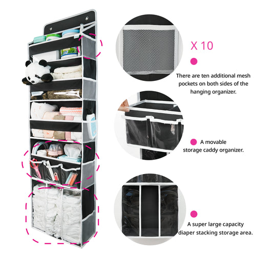 Door Hanging Storage Organizer,with 3 Bins 1 Movable Baby Diaper Caddy,1 Large capacity diaper stacking storage Organizer,10 Side Pockets ,Bedroom Door Storage for Nursery Baby Essentials. (Dark grey)