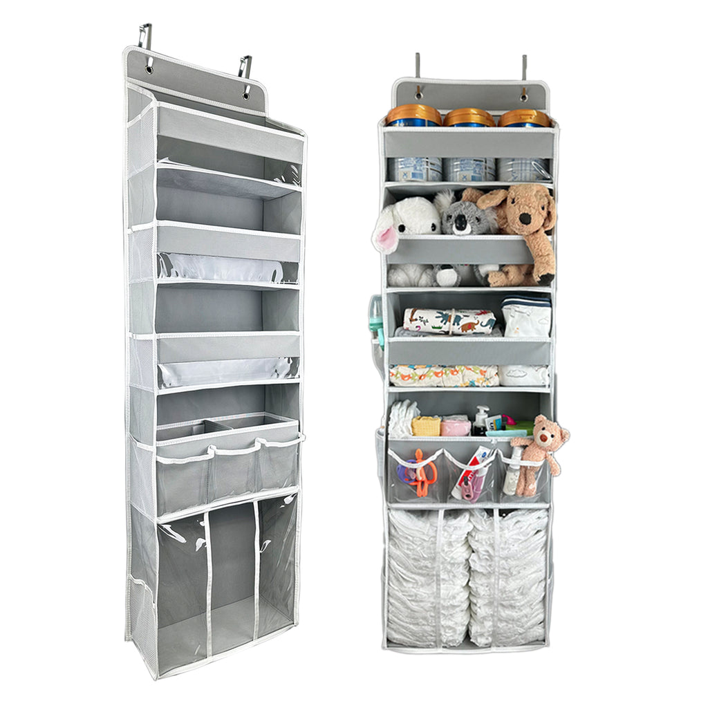 Door Hanging Storage Organizer,with 3 Bins 1 Movable Baby Diaper Caddy,1 Large capacity diaper stacking storage Organizer,10 Side Pockets ,Bedroom Door Storage for Nursery Baby Essentials.Grey 1 Pack.(GREY)