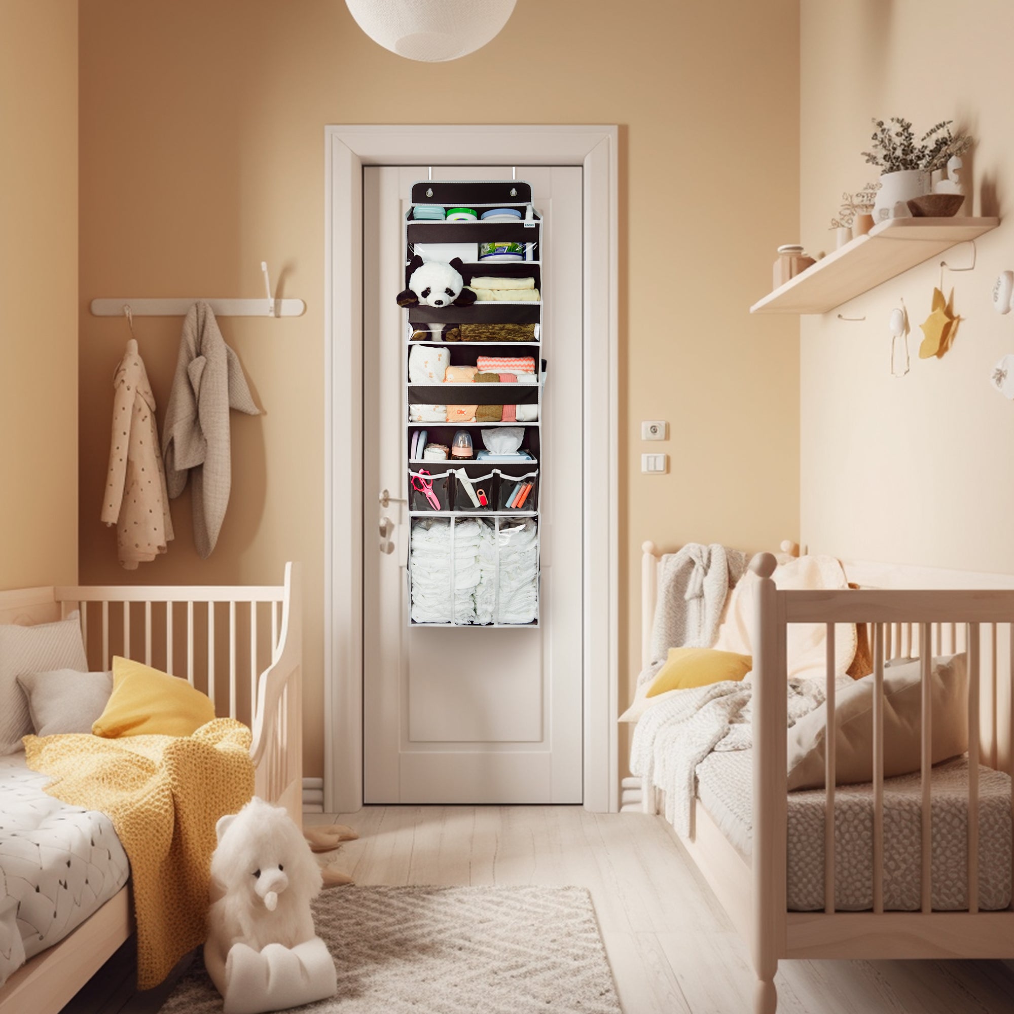 Door Hanging Storage Organizer,with 3 Bins 1 Movable Baby Diaper Caddy,1 Large capacity diaper stacking storage Organizer,10 Side Pockets ,Bedroom Door Storage for Nursery Baby Essentials. (Dark grey)