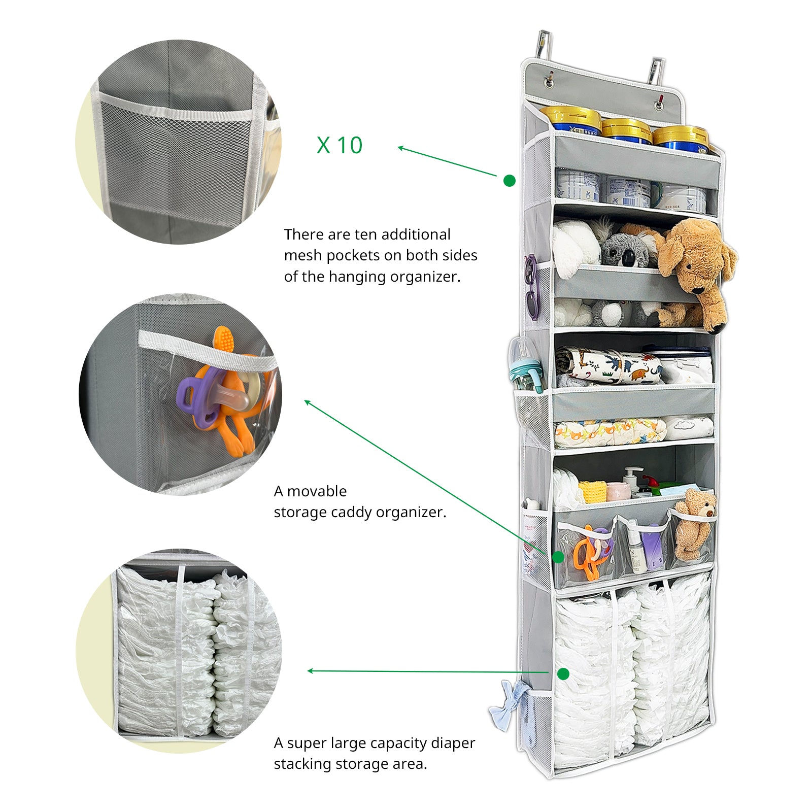 Door Hanging Storage Organizer,with 3 Bins 1 Movable Baby Diaper Caddy,1 Large capacity diaper stacking storage Organizer,10 Side Pockets ,Bedroom Door Storage for Nursery Baby Essentials.Grey 1 Pack.(GREY)