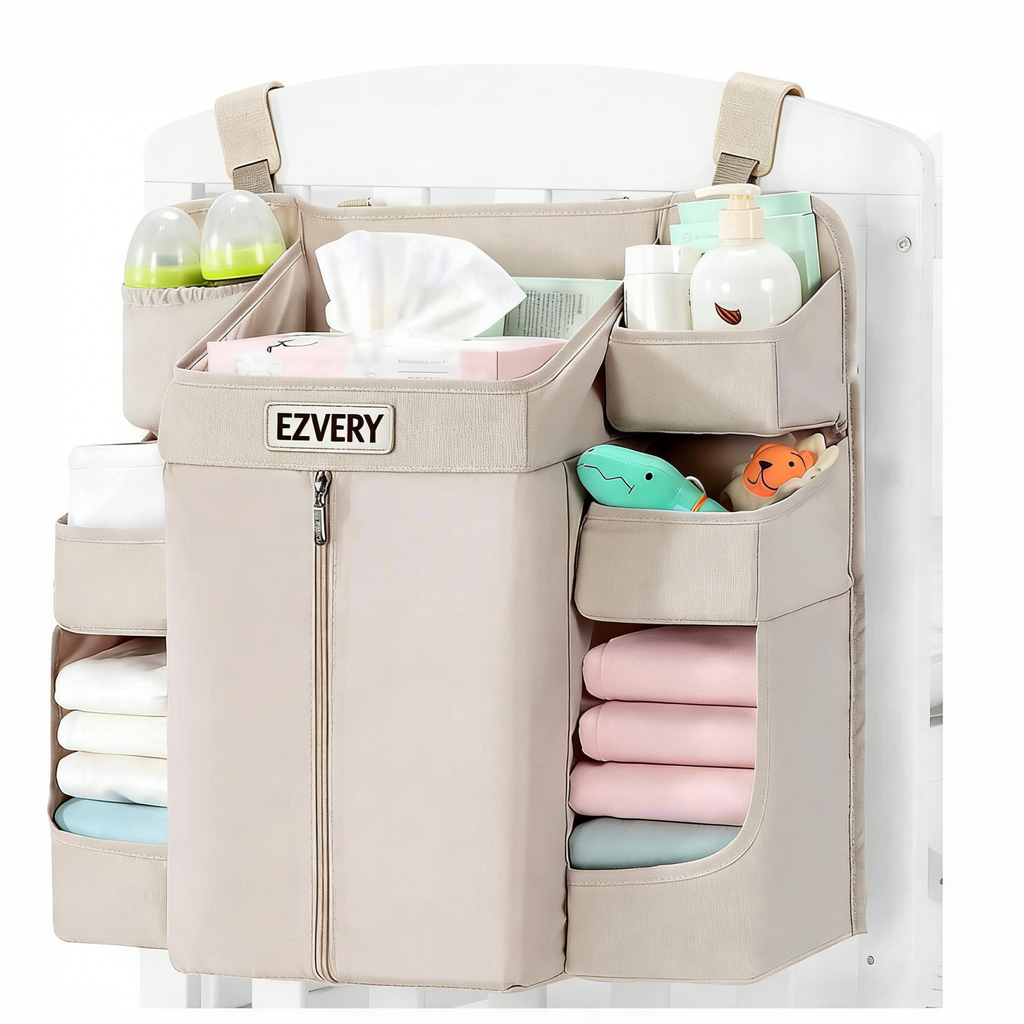 EZVERY Baby Nursery Fabric Organizers to Hang on Side of Crib, with 8 Pockets, Diaper Organizer for Crib, Nursery, Adjustable Straps and Sturdy Hooks, Premium Polyester Baby Essentials Storage for Diapers, Bottles, Wipes and Clothes