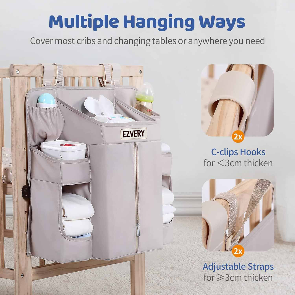 EZVERY Baby Nursery Fabric Organizers to Hang on Side of Crib, with 8 Pockets, Diaper Organizer for Crib, Nursery, Adjustable Straps and Sturdy Hooks, Premium Polyester Baby Essentials Storage for Diapers, Bottles, Wipes and Clothes
